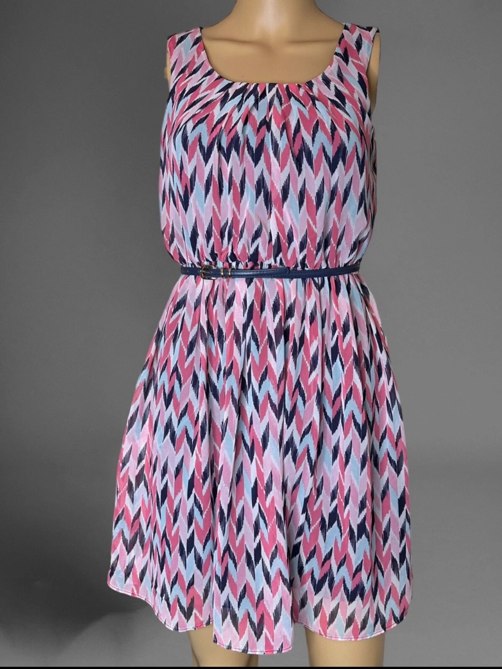 BCX A-Line Blouson Dress Pink Light Blue Sleeveless Lined Belt